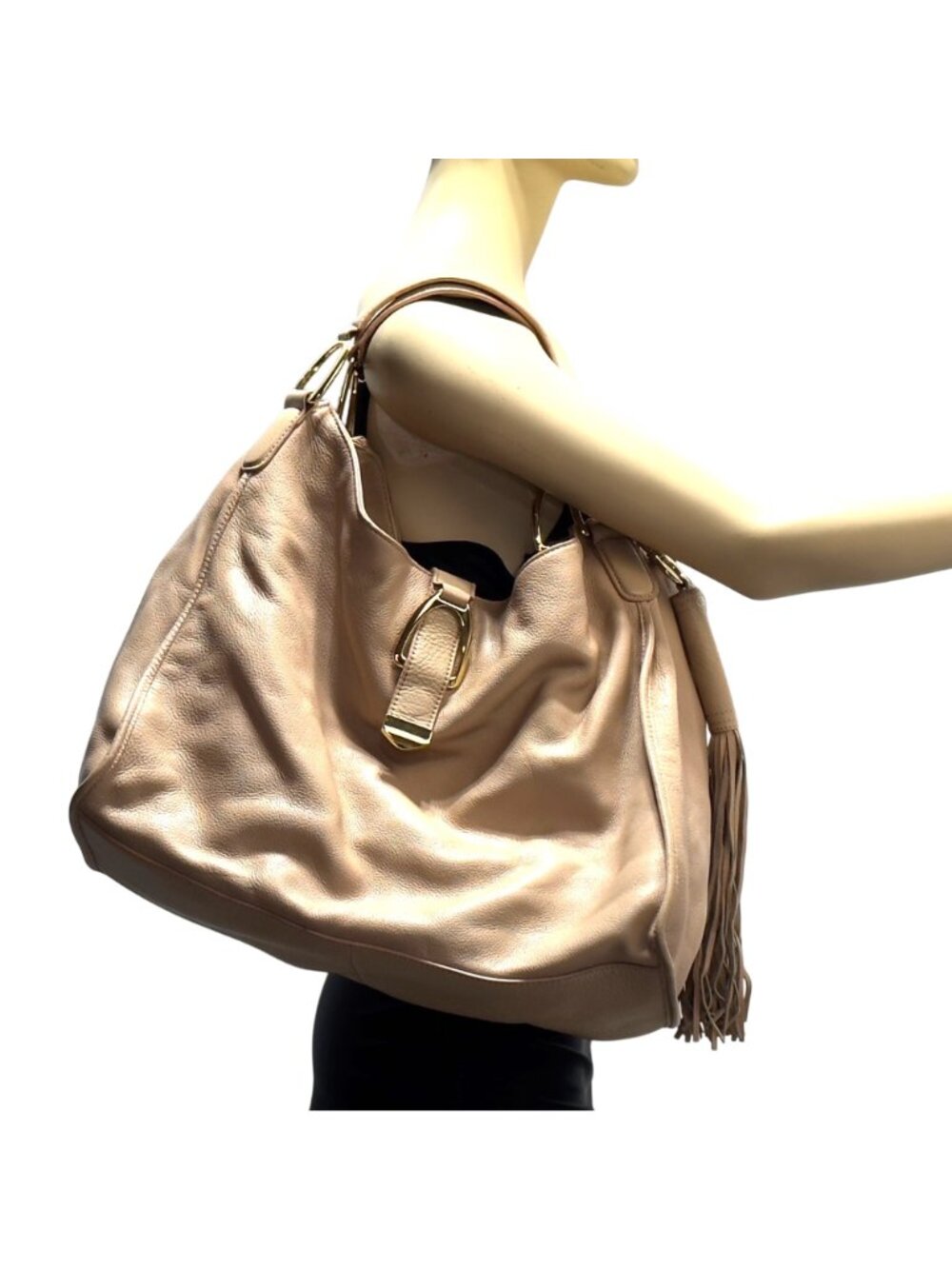 GILI Large Beige Leather Tote Bag With Gold Hardware & Fringe Tassel Accent - Picture 14 of 14